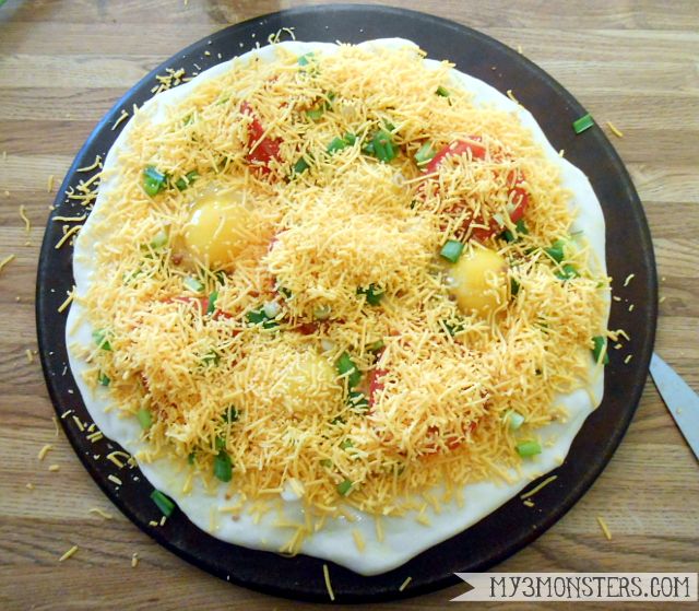 Bacon Egg and cheese breakfast pizza Cheesy Morning Pizza Recipe at my3monsters.com